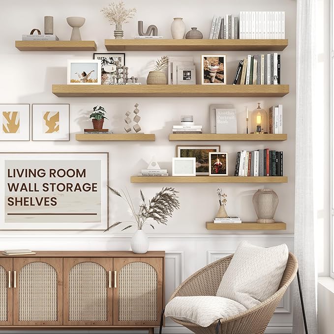 Floating Shelves for Wall, 48"W x 9"D x 1.5"H, 2 Pack of Long Wall Mounted Engineered Wood Shelves with Invisible Brackets for Living Room, Bedroom, Bathroom, Kitchen Decor and Storage, Oak-NeatNest