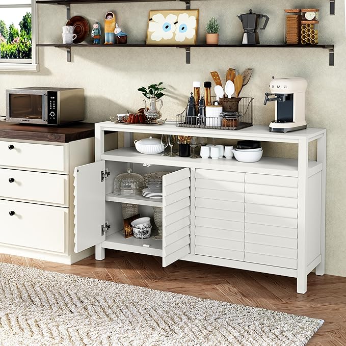HLR Bathroom Floor Storage Cabinet, Farmhouse Sideboard with Decorative Louvered Doors, Bathroom Storage Unit with 4 Doors & Shelves, Freestanding Credenza for Dining Room, Living Room, Hallway, White-NeatNest