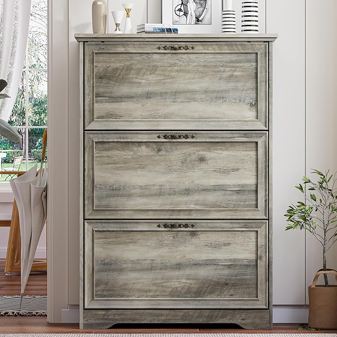 3 Flips Shoe Cabinet for Entryway, Narrow Shoe Storage Cabinet with Adjustable Shelves, Wooden Space-Saving Organizer and Rack for Foyer, Closet, Hallway