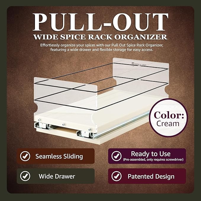 Vertical Spice 13.8" Depth Heavy Duty Pull Out Spice Rack Drawer - 1 Drawer, Mix Containers - Sliding Cabinet and Pantry Organizer - Kitchen Cupboard Storage Rack (6.9" W x 5.0" H x 13.8" D, Cream)