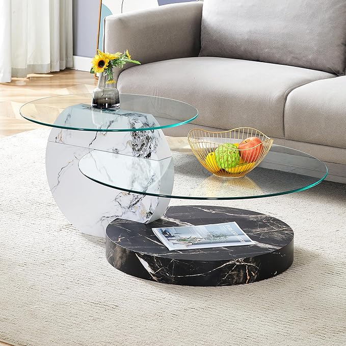 Glass Coffee Tables Round Coffee Tables for Living Room Modern 3 Tier Round Table Circle Coffee Table for Small Space Home Office (42 Inch White+Black)