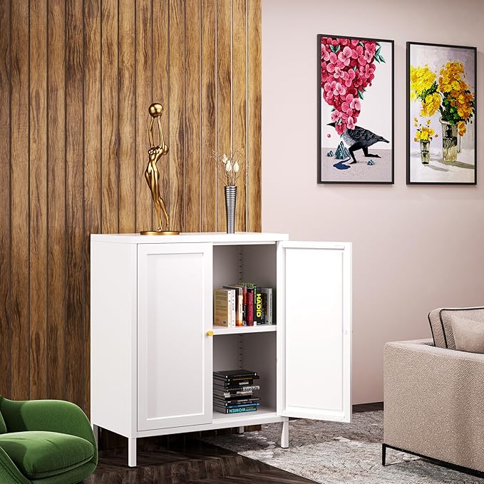 2 Door Metal Accent Cabinet, Small Sideboard, Locker Style Accent Storage Cabinet with Doors and Adjustable Shelves for Home, Office, Living Room, Kitchens (Square Door, White)