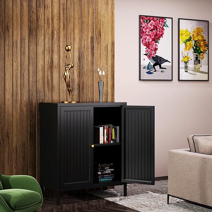 2 Door Metal Accent Cabinet, Small Sideboard, Locker Style Accent Storage Cabinet with Doors and Adjustable Shelves for Home, Office, Living Room, Kitchens (Stripe Door, Black)