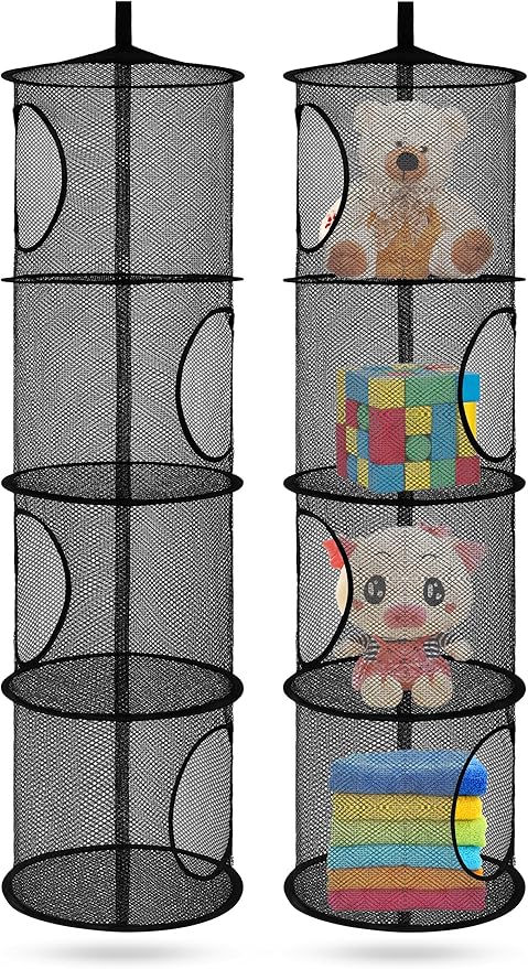 2Pcs Stuffed Animal Storage Organizer Foldable Stuffed Animal Net or Hammock Organizer, 4 Compartments Hanging Mesh Toy Storage Hammock for Kid Room Toys, Gloves, Hats, Socks(Black)-NeatNest