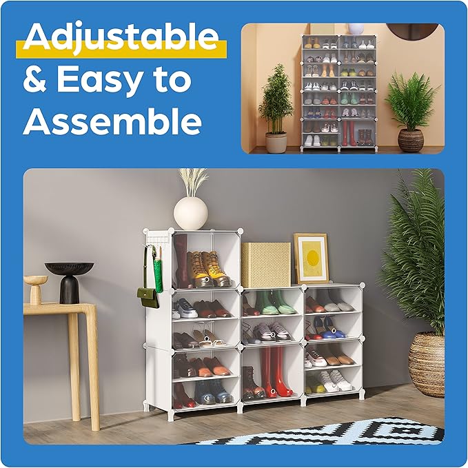Shoe Organizer Cabinet Up to 32 Pairs, Shoe Closet-Portable Closed Shoe Rack with See-Through Door (Clear, Plastic, Stackable) Cubby Shoes Organizer with Covers, Hooks & Pockets, White-NeatNest