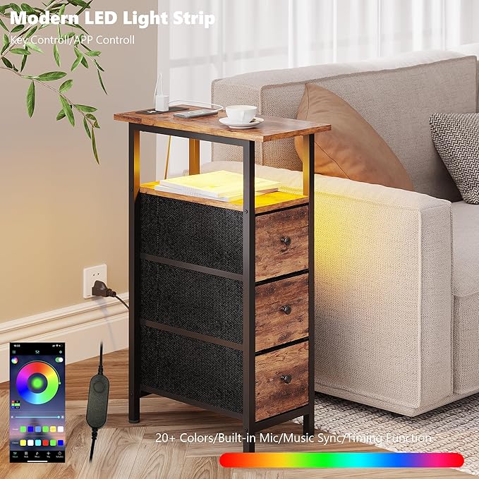 End Table with Charging Station, Narrow Side Table with 3 Fabric Drawers, Skinny Nightstand with LED Light, Slim Bedside Table for Bedroom, Living Room, Small Spaces, Rustic Brown