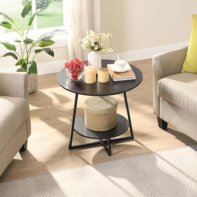 D&H FURNIMMT 20" Living Room Side Table Set of 2 for Small Spaces, 2 Tier Wood Top Round End Tables with Storage Shelf, Accent Sofa Table for Bedroom, Office, Sunroom, Balcony, Black-NeatNest