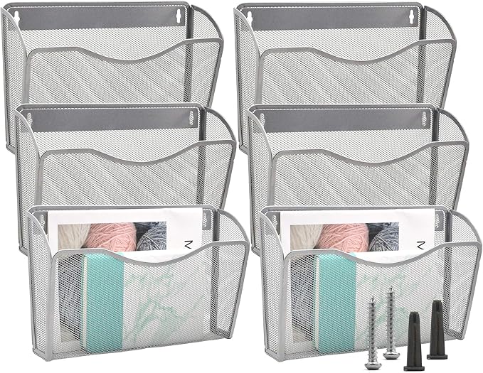 EASEPRES 6 Single Pocket Mesh Hanging File Organizer, Vertical Wall Mounted Magazine File Holder, Mount Basket Mail Paper Document Folder Organizing for Office, Home and School, Silver
