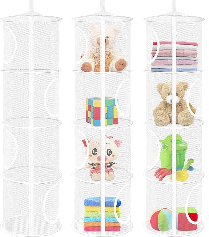 3Pcs Stuffed Animal Storage Foldable Stuffed Animal Net or Hammock Organizer, 4 Compartments Hanging Toy Storage Organizer, Toy Organizer for Kid Room Toys, Gloves, Hats, Socks(White)-NeatNest