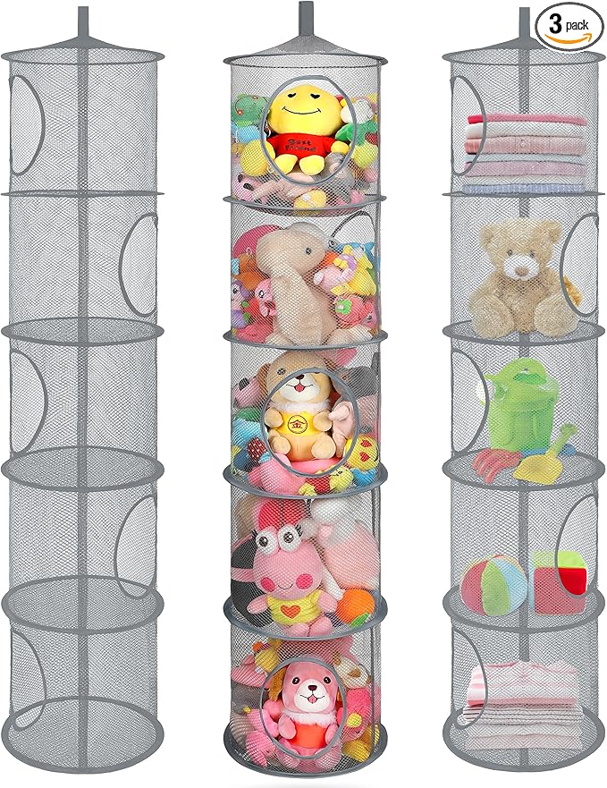 3Pcs Stuffed Animal Storage Foldable Stuffed Animal Net or Hammock Organizer, 5 Compartments Hanging Mesh Toy Storage Hammock for Kid Room Toys, Gloves, Hats, Socks(Grey)-NeatNest
