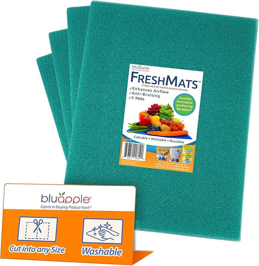 Bluapple FreshMats, Refrigerator Bin Liner, Fridge Drawer Mats, Crisper Life Extender Liner Keeps Produce Fresh Longer, Anti-Bruising, Helps Air Circulation, Washable & Reusable (4-Mats, 12x15, Teal)-NeatNest