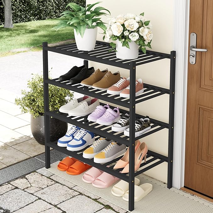 Smiry Shoe Rack, 4 Tier Thick Bamboo Shoe Organizer, Stackable Free Standing Wooden Shoe Storage Shelf for Closet, Entryway, Front Door Entrance, Black-NeatNest