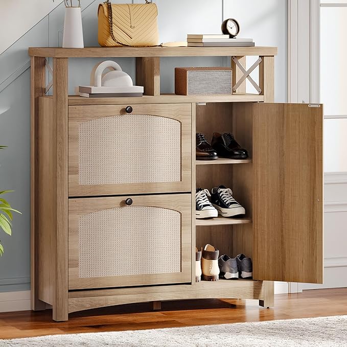 DWVO Farmhouse Shoe Cabinet with 2 Flip Drawers, Rattan Shoe Rack w/Door, Entryway Shoe Organizer with Open Storage & Adjustable Shelves, Rustic Hidden Shoes Storage Cabinet for Foyer, Hallway, Oak-NeatNest