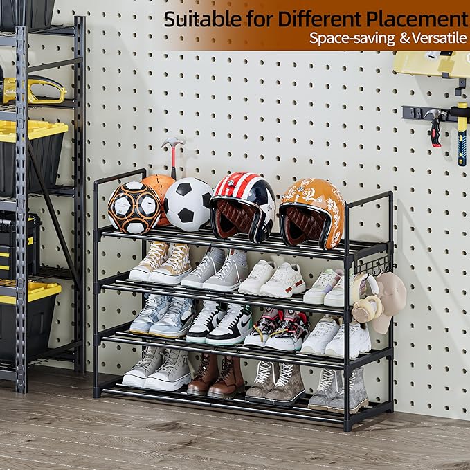 Metal Shoe Rack - 4-Tier Shoe Organizer with Adjustable Shelf Height, Sturdy Shoe Storage Shelf, Perfect for Front Door Entrance, Closet & Entryway, Easy to Assemble, DIY Layering Options (M - 4 Tier)-NeatNest