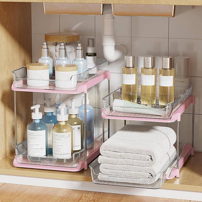 Delamu 2 Sets of 2-Tier Multi-Purpose Bathroom Under Sink Organizers and Storage, Stackable Kitchen Pantry Organization, Pull Out Medicine Cabinet Organizer with 8 Movable Dividers, Pink-NeatNest