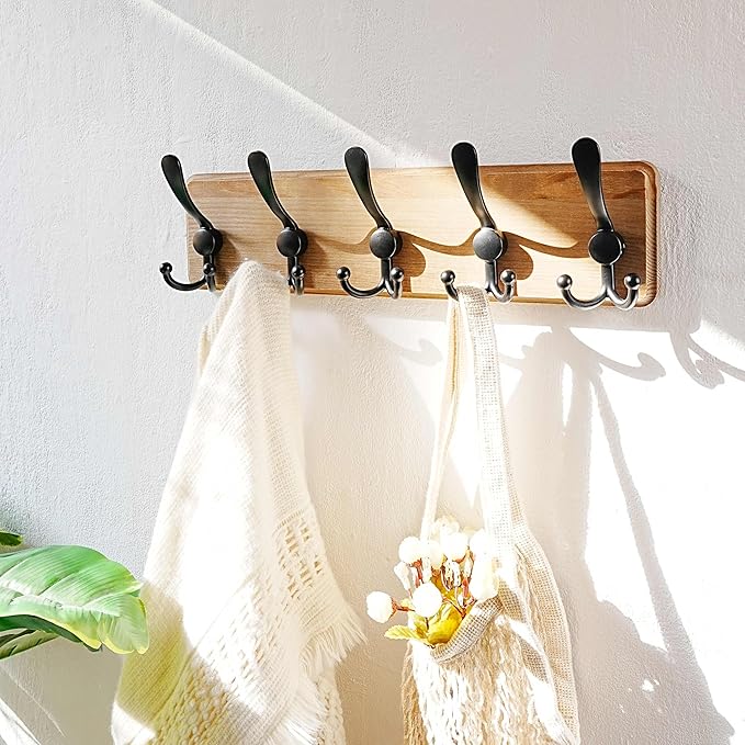 Dseap Coat Rack Wall Mount - Heavy-Duty Robust Barnwood-Style Wooden Wall Coat Hanger Hook Rail with 5 Triple Hooks for Winter Coats Hat Jacket Clothing, Weathered Brown & Black