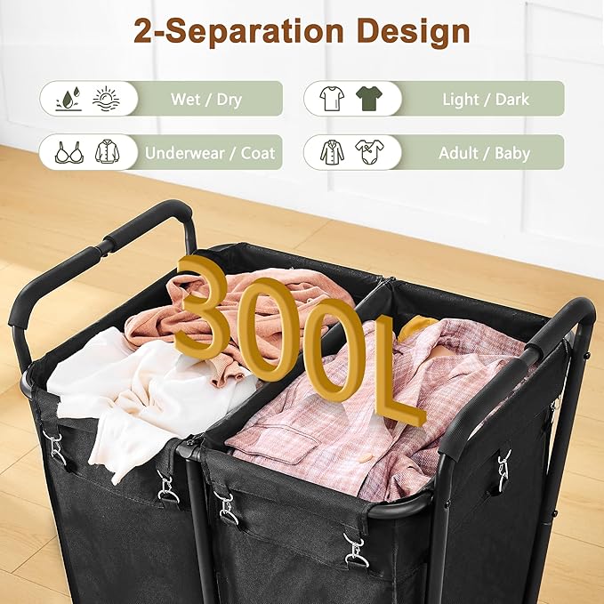 Hoctieon 2 Section Laundry Sorter Cart, 300L Rolling Hamper with Wheels, Industrial Laundry Basket Organizer, Large Dirty Clothes Hamper for Home & Hotel, Heavy Duty, Black-NeatNest