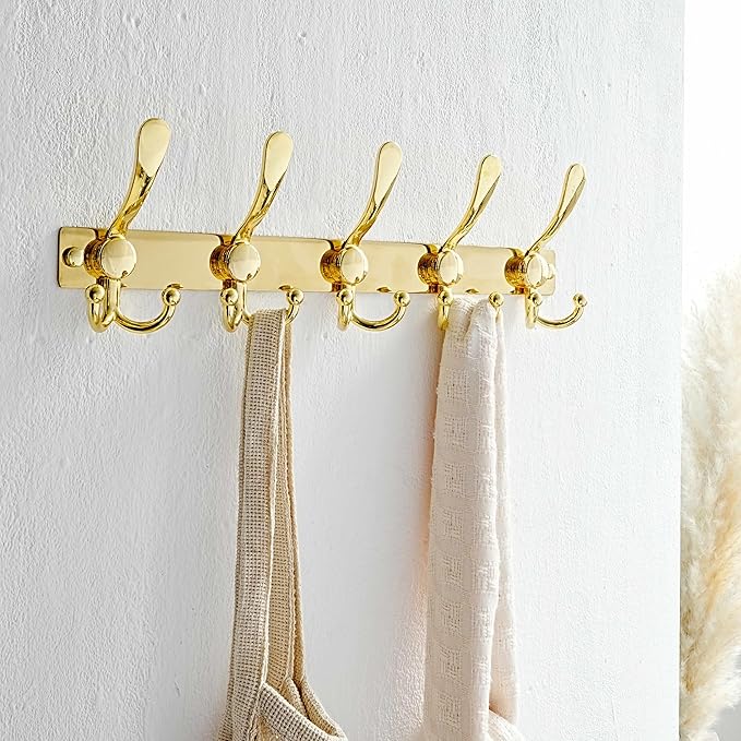 Dseap Coat Rack Wall Mount 2.0 Pro: Heavy Duty 300% Thicker, 16" Stud Mount, Stainless Steel Wall Coat Hooks Hanger for Clothes Jackets Hats Entryway Closet, MaxStrong Series, Gold, Pack of 2