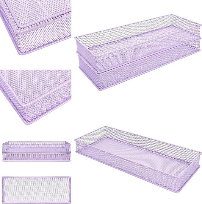 Annova Mesh Stackable Drawer Cabinet and Shelf Organizer Bins Storage Basket School Office Supply Holder Tray- Set of 2 (Light Purple, 6x15x2 Inch)-NeatNest