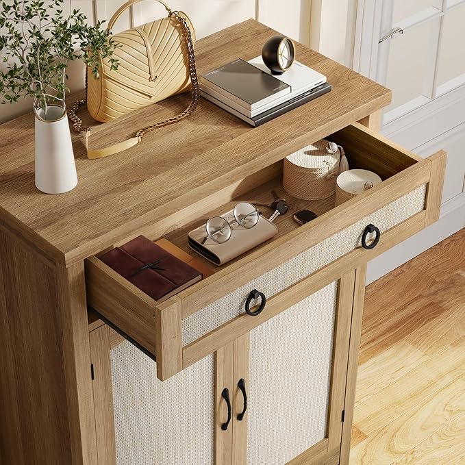 DWVO 5-Tier Shoe Storage Cabinet, Farmhouse Shoes Rack Cabinet with Adjustable Shelf, 43" Tall Rattan Rattan Shoe Organizer with Drawer & Doors for Entryway Hallway Living Room Closet (Oak)-NeatNest
