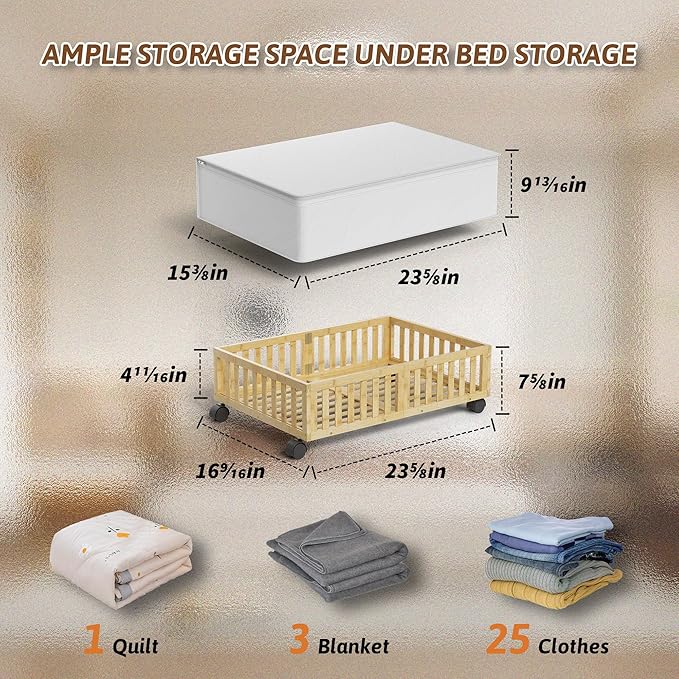 Bamboo Under Bed Storage Containers with Wheels, Rolling Under the Bed Shoe Storage Bins, Wood Stackable Underbed Drawers with Bag Organizer for Bedroom Closet Clothing Sweater Bedding Under Crib Toy-NeatNest