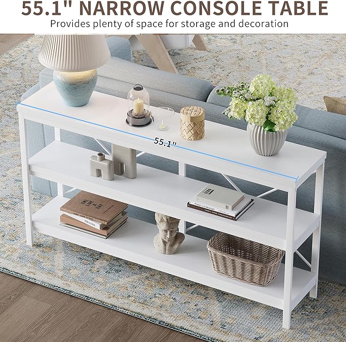 karlott 3-Tier Console Table, 55.1" Entryway Table with Metal Frame and Open Shelves, Modern Behind Couch Sofa Table for Living Room, Hallway, Foyer, Entrance, Industrial, Bookshelf, White-NeatNest
