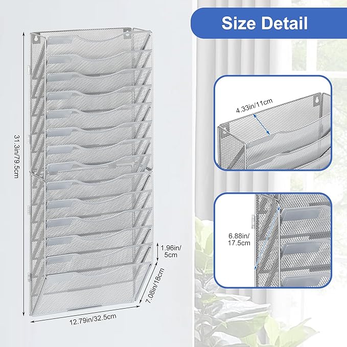 EasyPAG 14 Pocket Wall File Organizer, Silver | Metal Mesh Wall Mounted File Holder | Assembly Hanging Mail Organizer | Replaceable Classify Labels | Office Home Letter Size Paper Storage