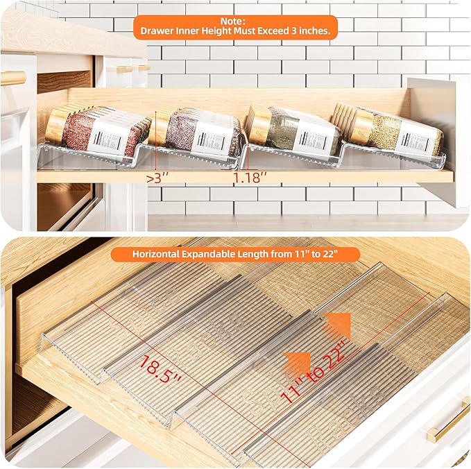 8 Packs Spice Drawer Organizer, 2-Tier Acrylic Drawer Seasoning Organizer, Expandable From 11'' to 22'' Kitchen Spice Rack Organizers and Storage for Drawer (Jars not included), Clear