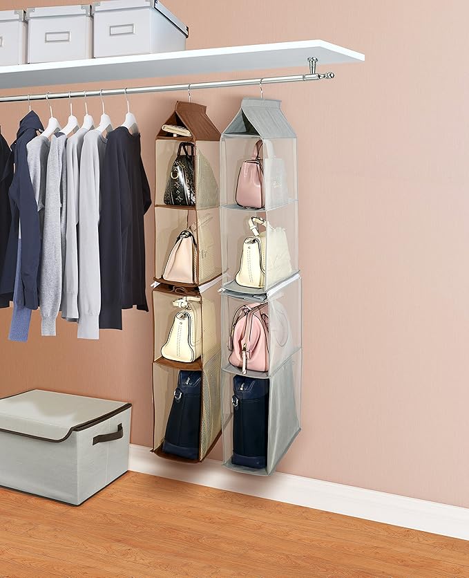 Detachable 4 Compartment Organizer Pouch Hanging Handbag Organizer Clear Purse Bag Collection Storage Holder Wardrobe Closet Space Saving Organizers System for Living Room Home Use (Pink)-NeatNest