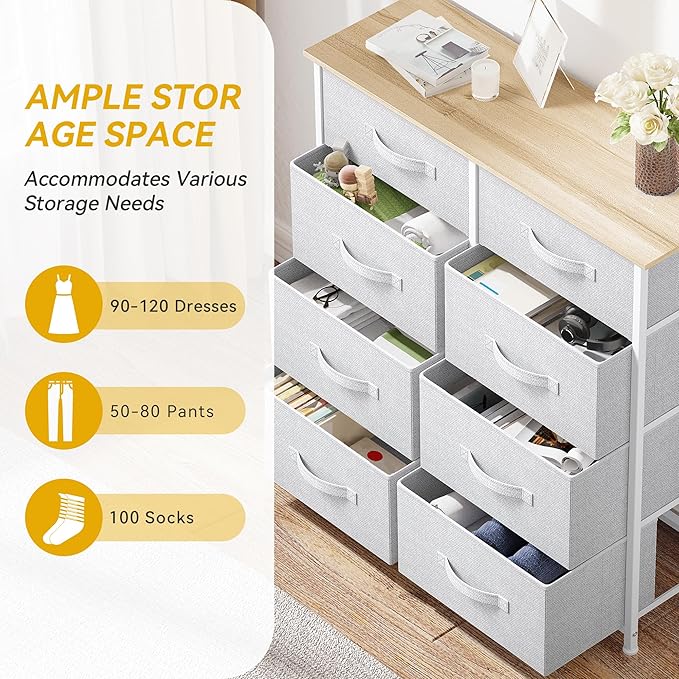 DWVO Fabric Dresser for Bedroom, Tall Dresser with 8 Drawers, Storage Tower with Fabric Bins, Chest of Drawers for Closet & Living Room - Sturdy Steel Frame, Wooden Top-NeatNest