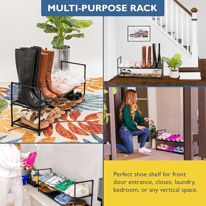 Sundaze Shoe Rack - 2 Tier Shoe Rack for Front Door Entrance, Sturdy Long Shoe Organizer for Closet, Bedroom, Entryway, Garage, Non Woven Fabric Shelf, Black, Holds Up to 10 Pairs-NeatNest