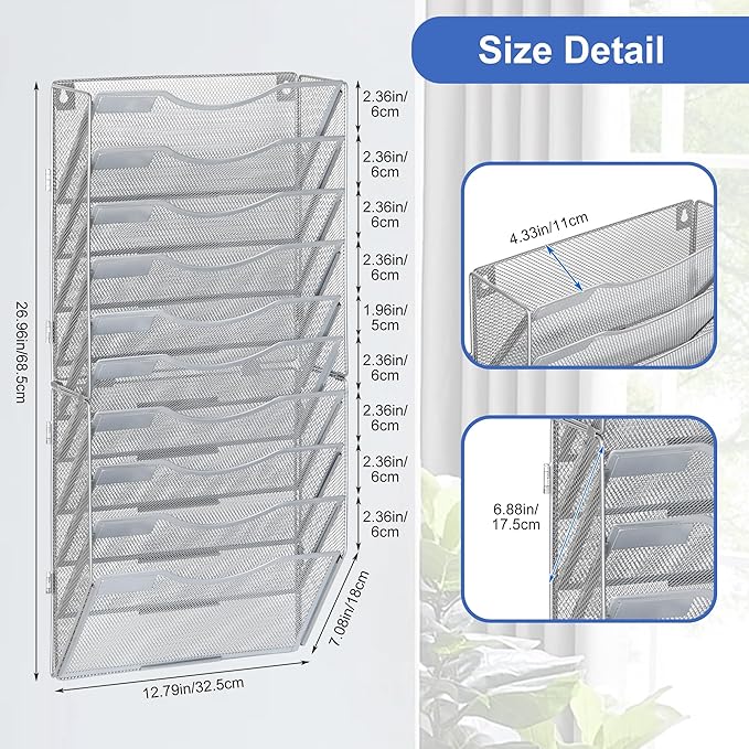 EasyPAG 10 Pocket Wall File Organizer, Silver | Metal Mesh Wall Mounted File Holder | Assembly Hanging Mail Organizer | Replaceable Classify Labels | Office Home Letter Size Paper Storage