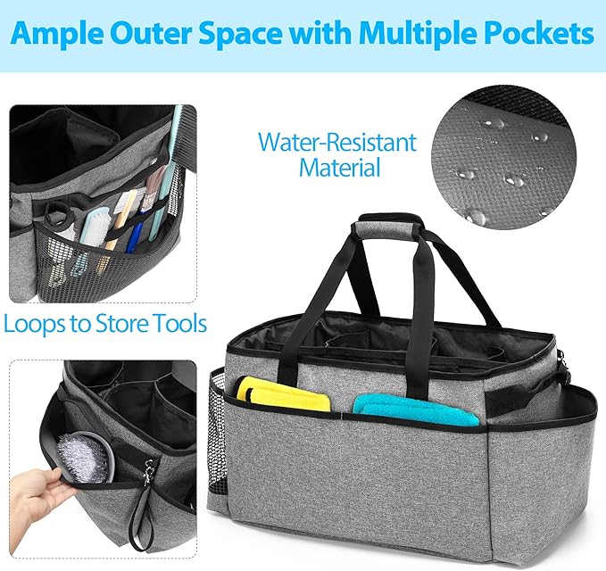 Extra-Large Cleaning Caddy, Organizer with Handles for Cleaning Tools & Products Storage, Large Capacity Tote Bag for Car, Home & Housekeeping Work, Gray