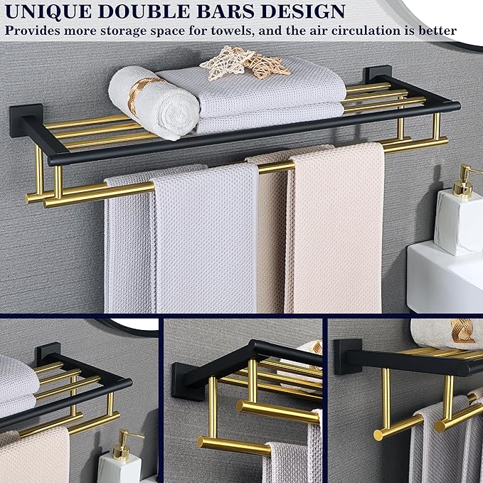 Alise Towel Rack,Towel Hanger with Double Towel Bars,Wall Mount Tower Holder for Bathroom and Lavatory,SUS 304 Stainless Steel Towel Shelf,Gold and Finish,32 Inch