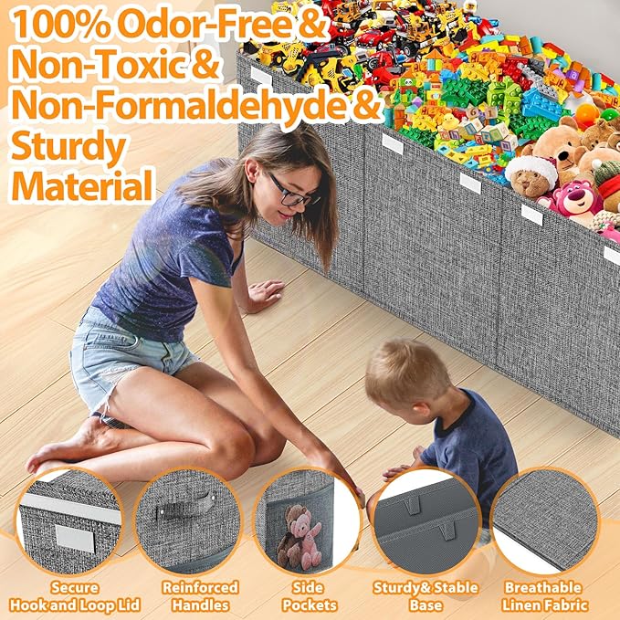 Extra Large Toy Storage Box with Lid Divider, Sturdy Collapsible Toys Organizer Chest Kids Storage Bins Boxes Baskets for Boys, Girls, Nursery, Bedroom, Living Room, Playroom, 40"x14"x16", Gray