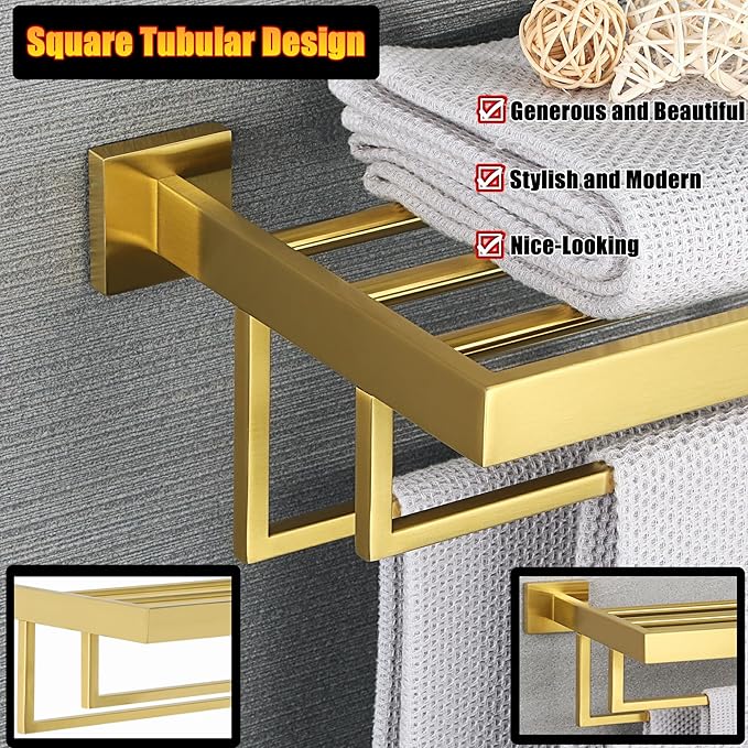 Alise 16 Inch Towel Racks for Bathroom, Towel Rack Wall Mounted with Double Towel Bars, SUS 304 Stainless Steel Towel Shelf, Heavy Duty Hand Towel Holder(Gold Finish)