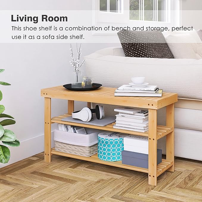 SMIBUY Bamboo Shoe Rack Bench, 3-Tier Shoe Organizer Storage Shelf for Entryway Hallway Bathroom Living Room (Natural)-NeatNest
