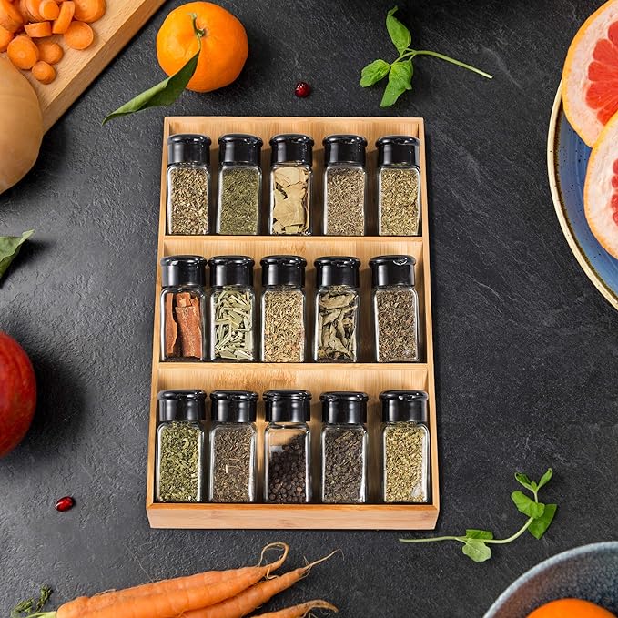 Bamboo Spice Rack Organizer for Drawer 3 Tier Bamboo Spice Tray Cabinet for Kitchen Storage and Organizer (Pre-Measure Your Drawer)(1 Pack, Drawer)-NeatNest