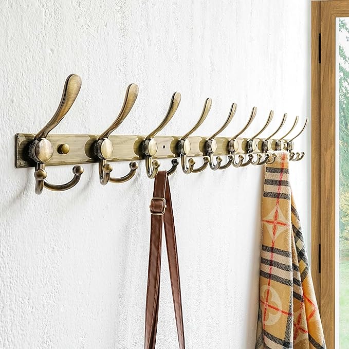 Dseap MaxStrong 2.0 Coat Rack Wall - 37” Long 10 Tri Hooks - Ultra Heavy-Duty Stainless Steel Wall Mount Coat Hanger, Hook Rail for Clothes Hats Jacket Towels Bronze, Pack of 2