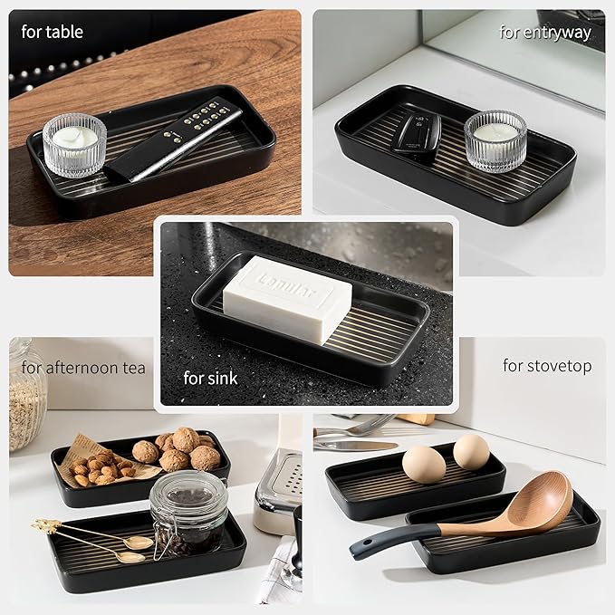 Bathroom Vanity Tray for Countertop,2PC Rectangle Striped Tray,Decorative Bathroom Organizer for Scrubber, Lotion Bottles, Perfume, Jewelry, Candle, Key Trinket Ring(Small,Black)-NeatNest