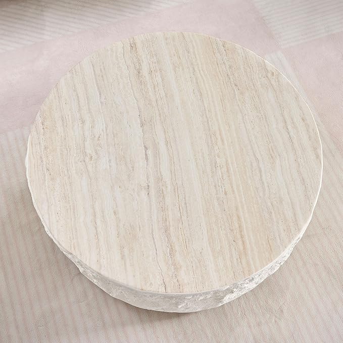 kevinplus ΓΈ35.43'' Round Coffee Table for Living Room, Modern Drum Circle Coffee Table, Fiberglass Material, No Assembly, Beige