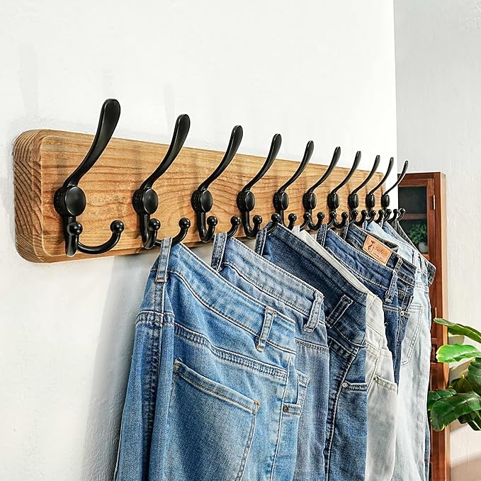 Dseap Coat Rack Wall Mount - 38-1/4" Long, Heavy-Duty, 10-tri-Hooks, Barnwood-Style Wooden Wall Coat Hanger Hook Rail for Winter Coats Hat Jacket Clothing, Weathered Brown & Black, Pack of 2