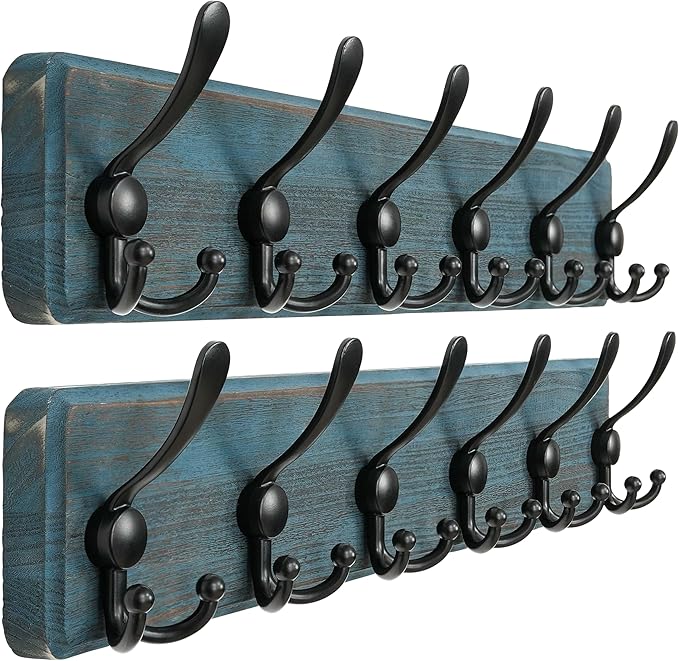 Dseap Coat Rack Wall Mounted - 24" Long 6 Tri Hooks, Heavy Duty Wooden Wall Coat Hanger Coat Hook for Clothes Hat Jacket Clothing, Weathered Blue and Black, Pack of 2