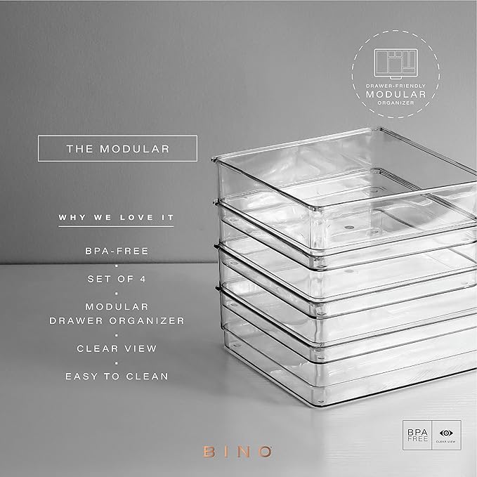 BINO | 4-Piece Drawer Organizer Bin Set | THE MODULAR | Multi-Purpose Storage | Durable | BPA-Free | Desk Drawer Organizer | Vanity Bathroom Makeup-NeatNest