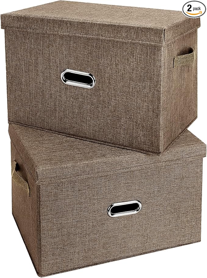 Large Linen Fabric Foldable Storage Bins with Removable Lid and Handles, Washable Storage Box Organizer Containers Baskets Cube with Cover for Bedroom,Closet,Office (Coffee, Large(2-Pack))-NeatNest