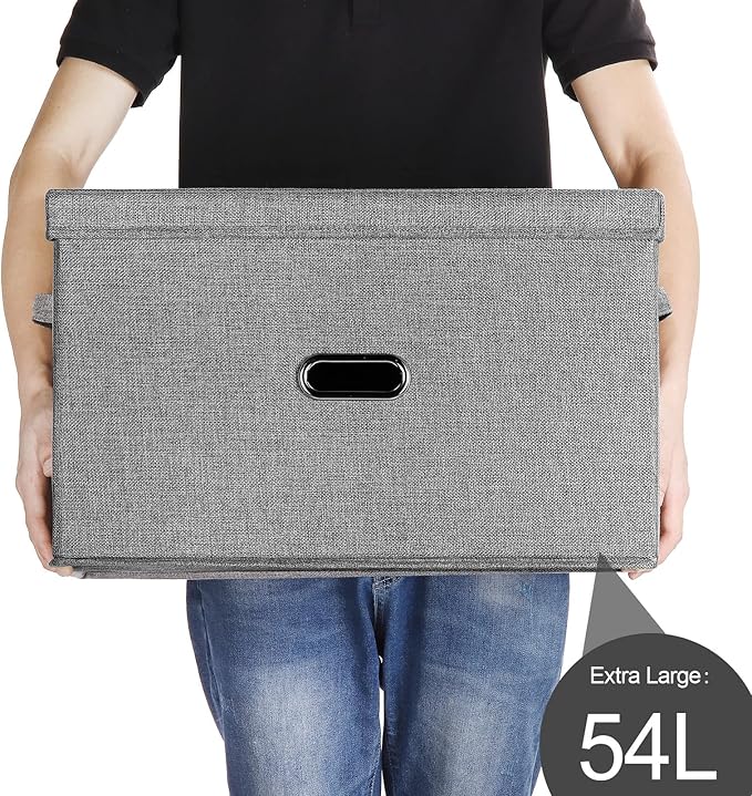 Large Linen Fabric Foldable Storage Bins with Removable Lid and Handles, Washable Storage Box Organizer Containers Baskets Cube with Cover for Bedroom,Office(Black, Extra Large)-NeatNest