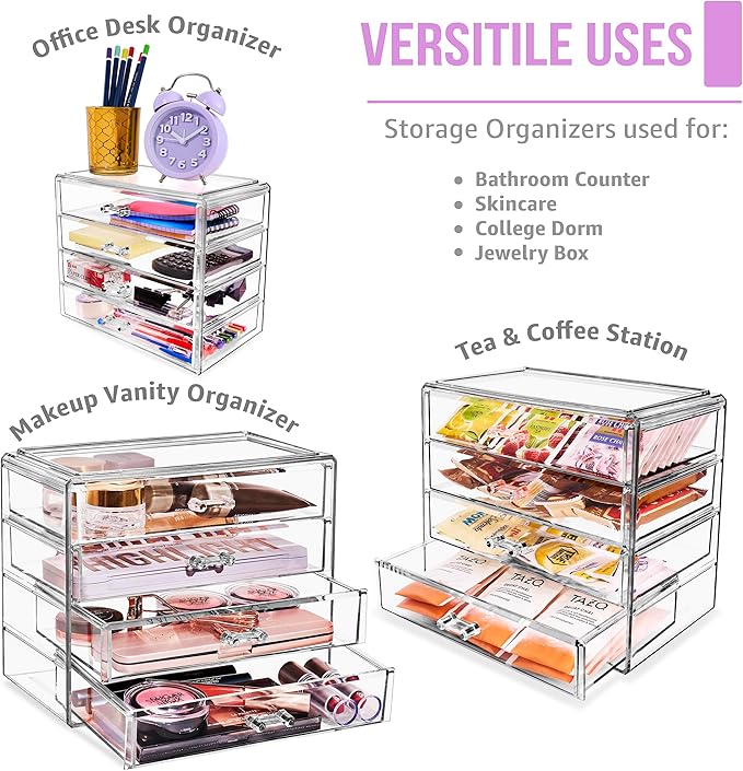 Sorbus Makeup Organizer - 4 Drawer Acrylic Make Up Organizers and Storage for Cosmetics, Jewelry, Beauty Supplies, Clear Makeup Organizer for Vanity, Girl's Room, College Dorm, Counter, Bathroom-Sinks
