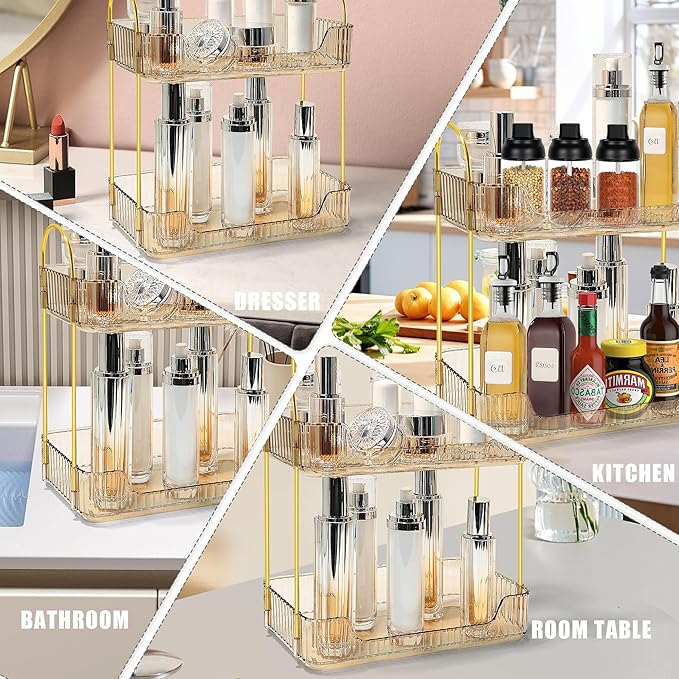 Bathroom Counter Organizer Countertop Storage Skincare Countertop Makeup Organizer Cosmetics Skincare Organizers Holder for Perfume-Amber-golden pole-NeatNest