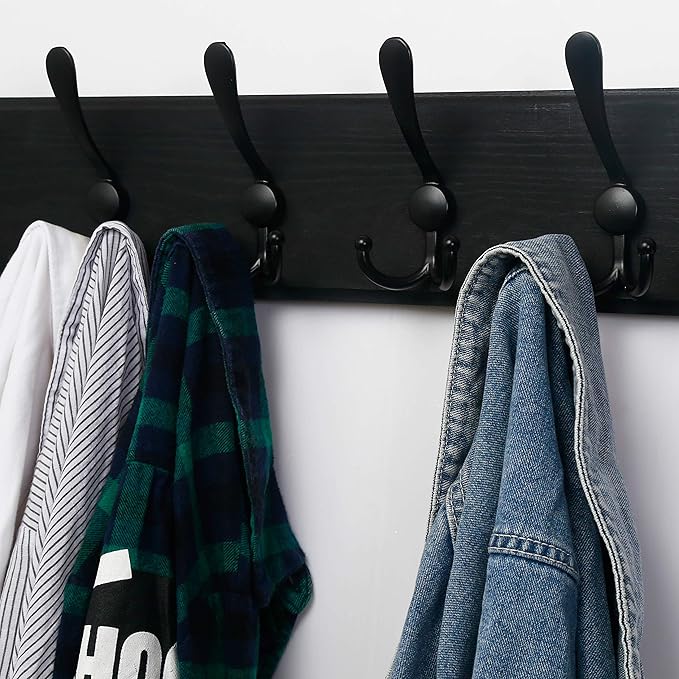 Dseap Coat Rack Wall Mounted - 10 Tri Hooks, 38-1/4" Long, Heavy Duty Wooden Wall Coat Hanger Coat Hook for Clothes Hat Jacket Clothing, Black, Pack of 2