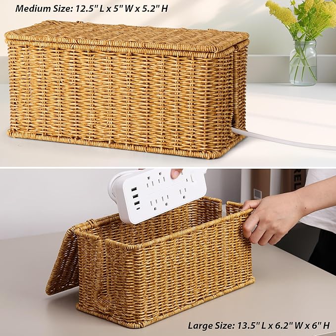 2Pack Large Cable Management Box, Handwoven Imitation Rattan Cord Organizer Cord Hider Box, Desk Wire Management to Hide Cords and Power Strips, Natural